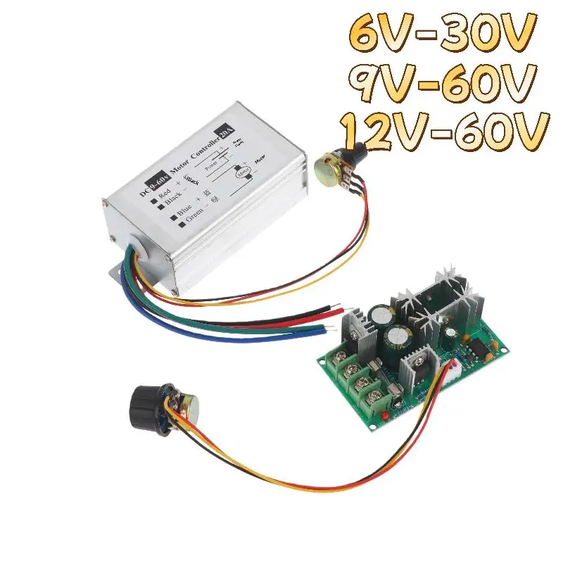 【1Pc PWM 속도 조절기 무단계 DC 모터 속도 컨트롤러 DC 9V-60V 12V 24V 60V 20A 모터 펄스 폭 변조기 조절기】
