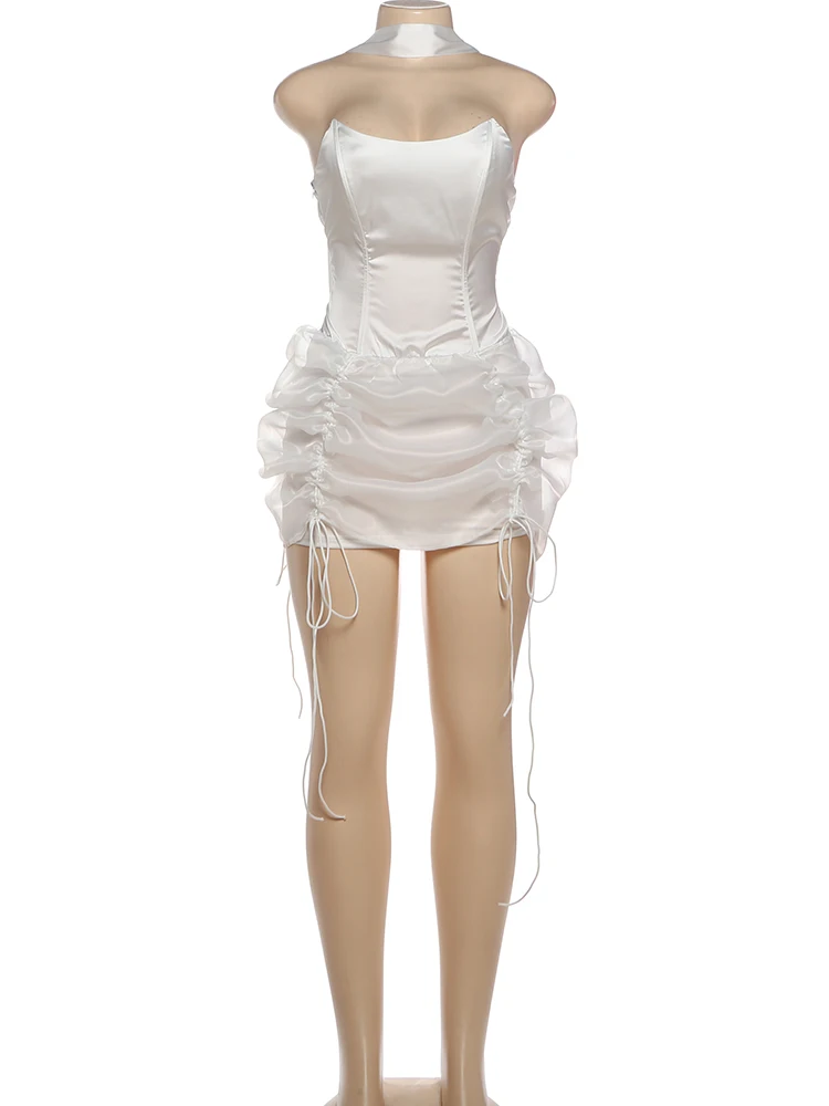 Nibber Sweet Ribbon Scarf+Dress Patchwork Mesh Folds Drawstring Flared Hem Tassel Sleeveless Fashion Birthday Party Mini Bodycon