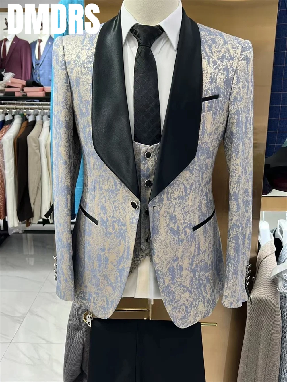 Fashion Printed Men Suit Set Formal Business 3 Piece Set For Men 2024 Slim Jacket Dress Blazers Coat Trousers Single Breasted