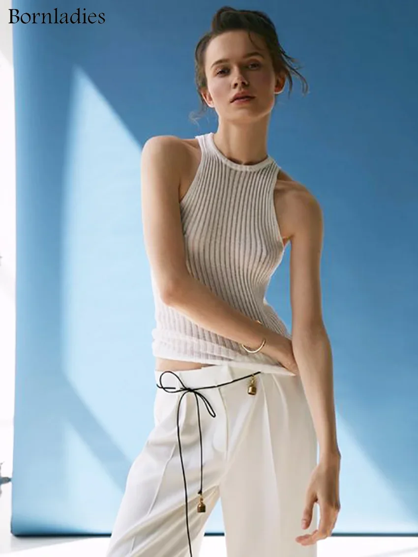 Bornladies Fashion White Wool See Through Women Tanks Tops Outfit Sleeveless Sexy Camis Skinny Club Party Clothes New Green Tops
