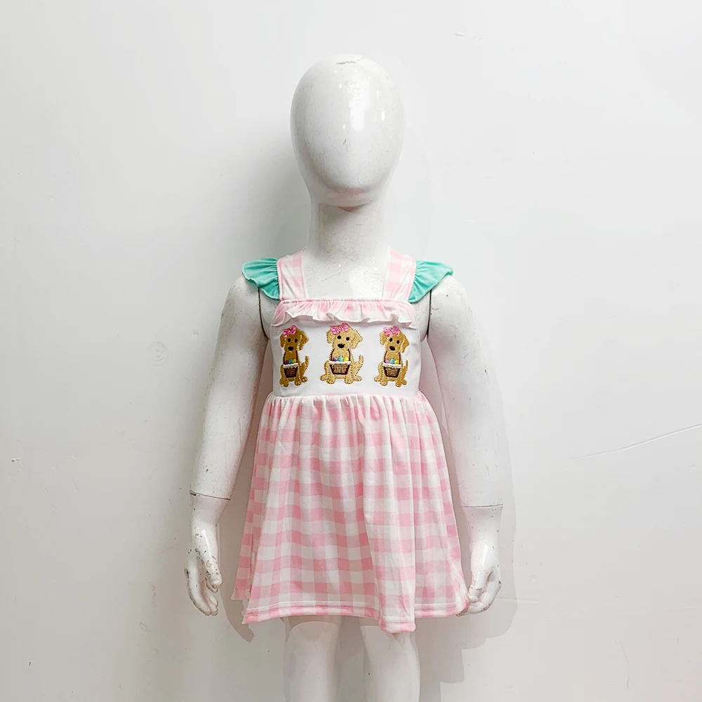 Mini One-Piece  Cotton Summer New Style  Cute Puppy Embroidery  Dress  Pink  Sleeveless  Grid Dress For Girls carters baby bodysuits	