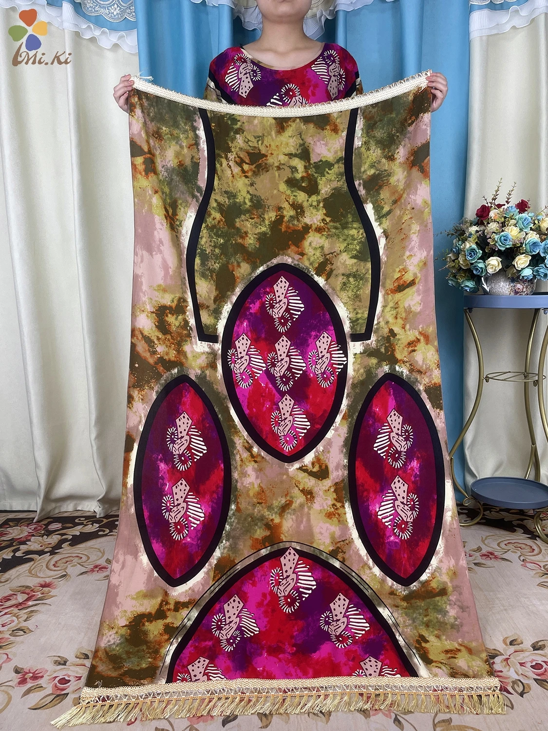 2024 New African Abaya Tie Dye Printed Cotton Loose Women Robe Muslim Dashki Kaftan Dress Dubai Dress Paired with Lace Big Scarf
