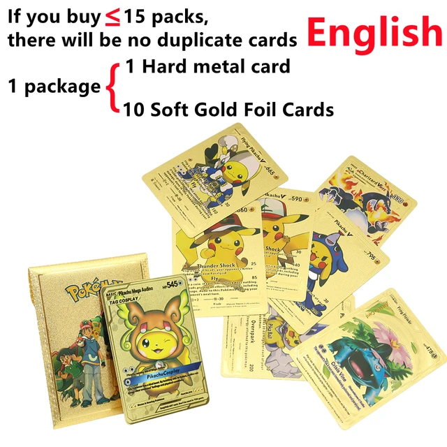 Pokemon Metal Card Spanish Box Gold Black Golden Letters Silver English Vmax Gx Collection Charizard Pikachu Cards Pack Toy Gift 11pcs English gold