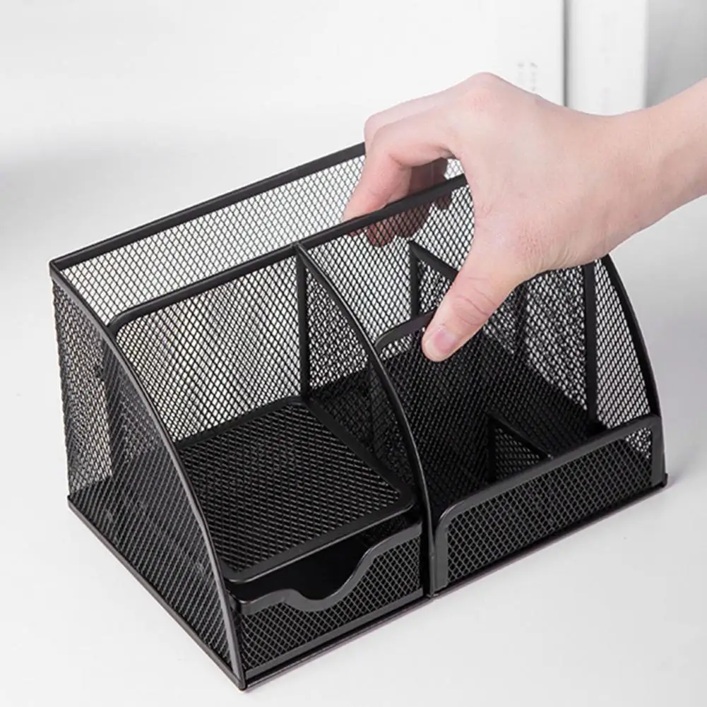 Pen Holder Office Desktop Storage Box Metal Mesh Square Divided Container with Multiple Compartments