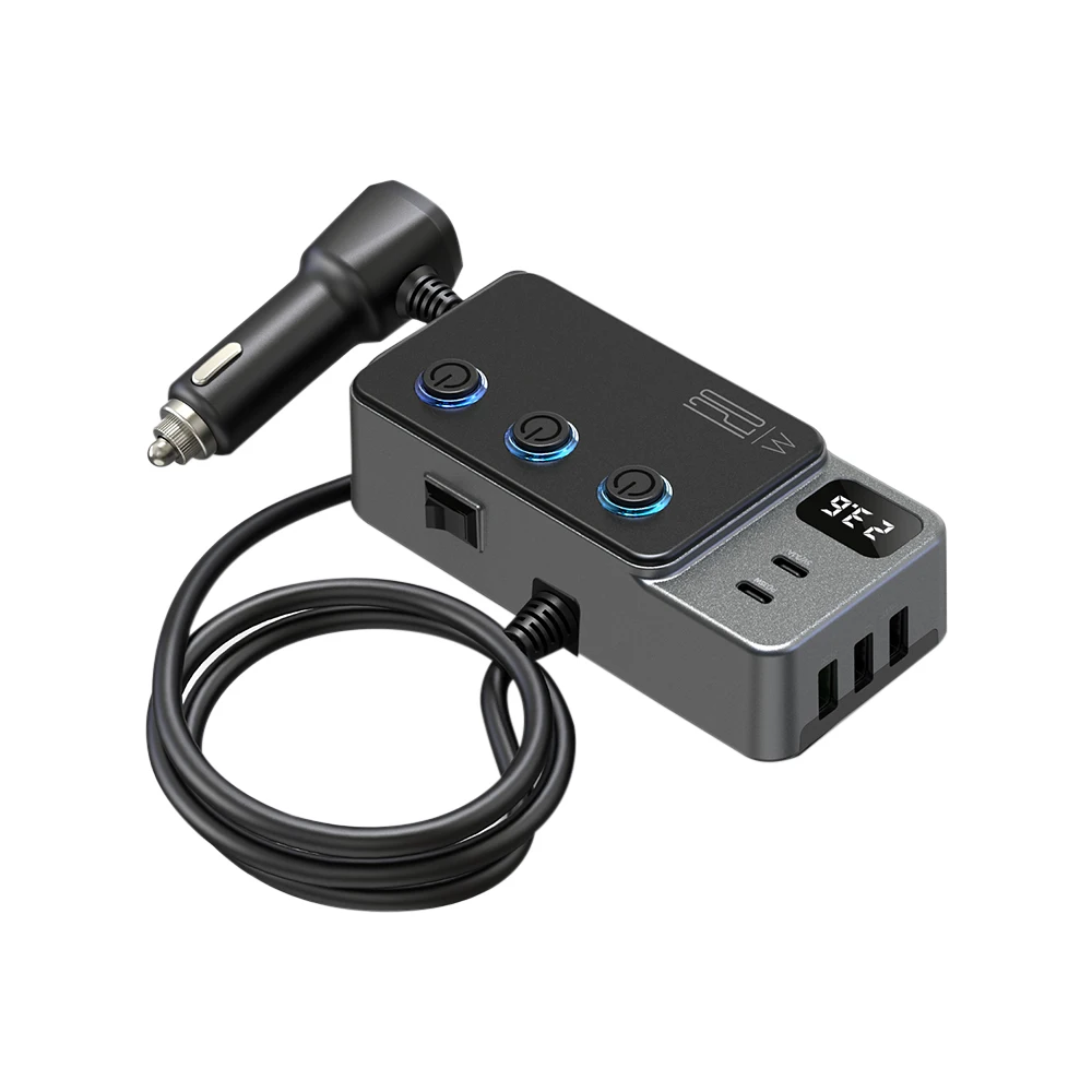Caricabatteria per auto multifunzionale ad alta potenza da 120 W Accendisigari per auto con ricarica super veloce da uno a tre Display della tensione del caricabatterie rapido