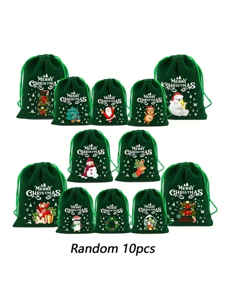 10Pcs Green Storage Fleece Green Drawstring Bags Candy Gift Bags Jewelry Packaging New Year Party Favors