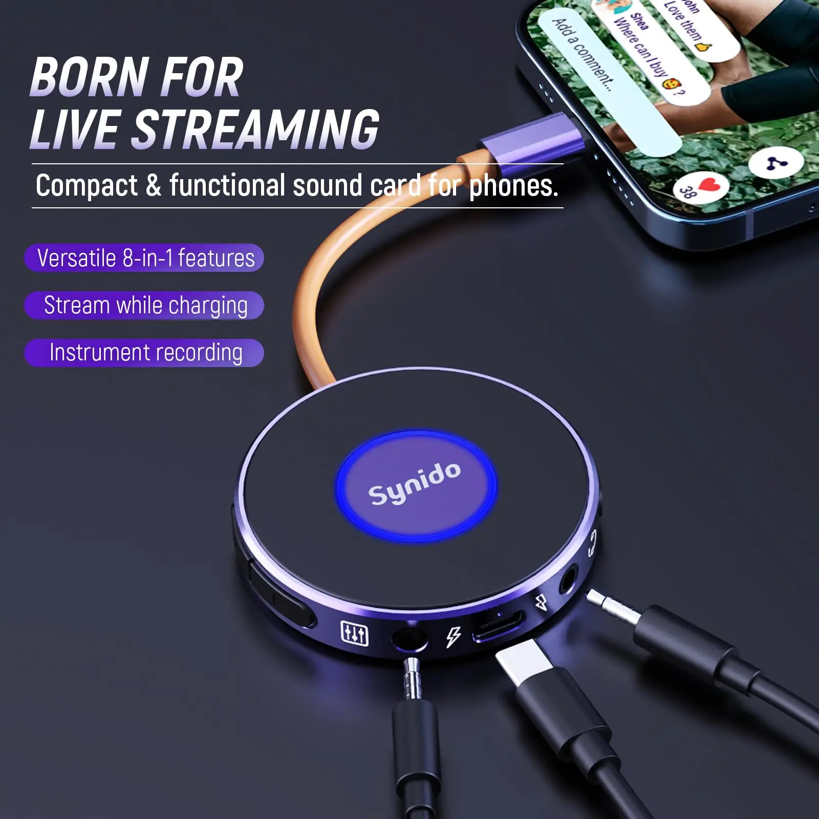 Portable Audio Interface for Live 24-bit 48 kHz Streaming while Charging for iPhone Android PC 1/4'' Adapter Electric Guitar