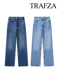 TRAFZA Female High Street Trousers Blue High Waist Pockets Buttons Zipper Jeans Autumn Fashion Women Chic Denim Long Pants