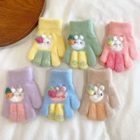 3-6Y Korean Cute Strawberry Rabbit Children Warm Gloves Autumn Winter Kindergarten Boys Girls Five Finger Mittens Students Glove 1