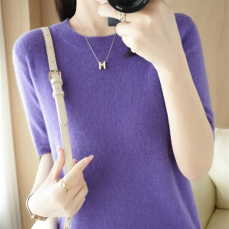 ตัวเลือกสินค้า ฤดูใบไม้ผลิและฤดูร้อนใหม่แขนสั้นผู้หญิง O-คอ Slim Wool Cotton Blend เสื้อกั๊กเสื้อยืดถักเสื้อกันหนาว