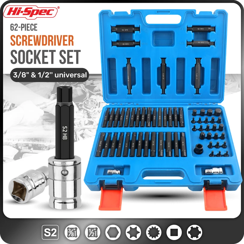 

Hi-Spec 62/63 Pcs Hex Head Allen Wrench Drill Bit Set S2 Alloy Steel 1/2"&3/8" Universal Screwdriver Bit Set & Socket Hand Tool