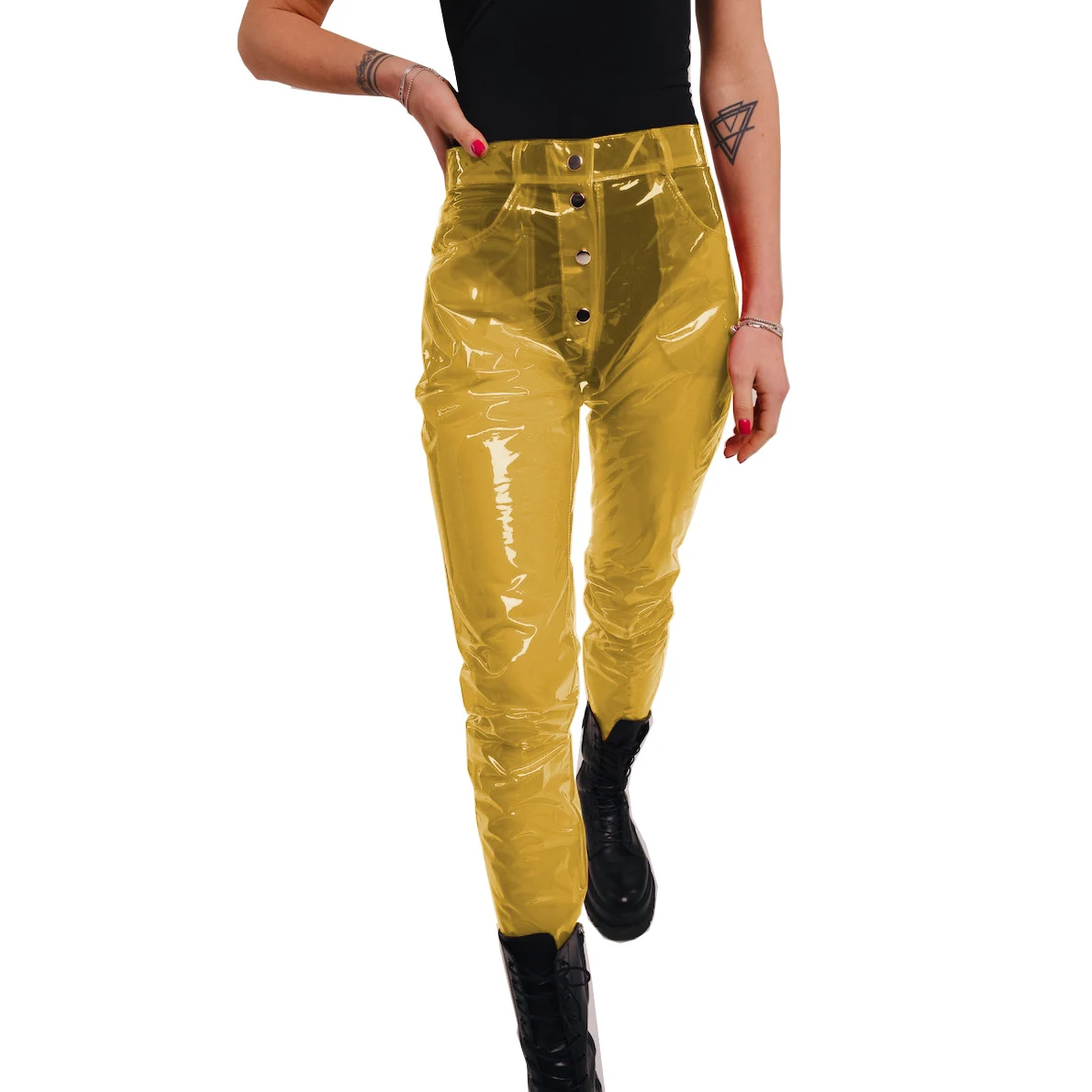Clear PVC Pants Fetish Plastic Transparent Button Trousers Women High Waist See Through Pants Club Bar Wear