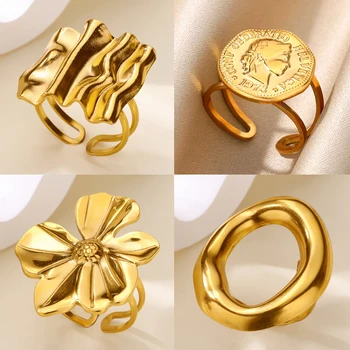 Gold Color Super Flowers Rings for Women Stainless Steel Geometric Square Double Layer Ring Aesthetic Wedding Waterproof Jewelry