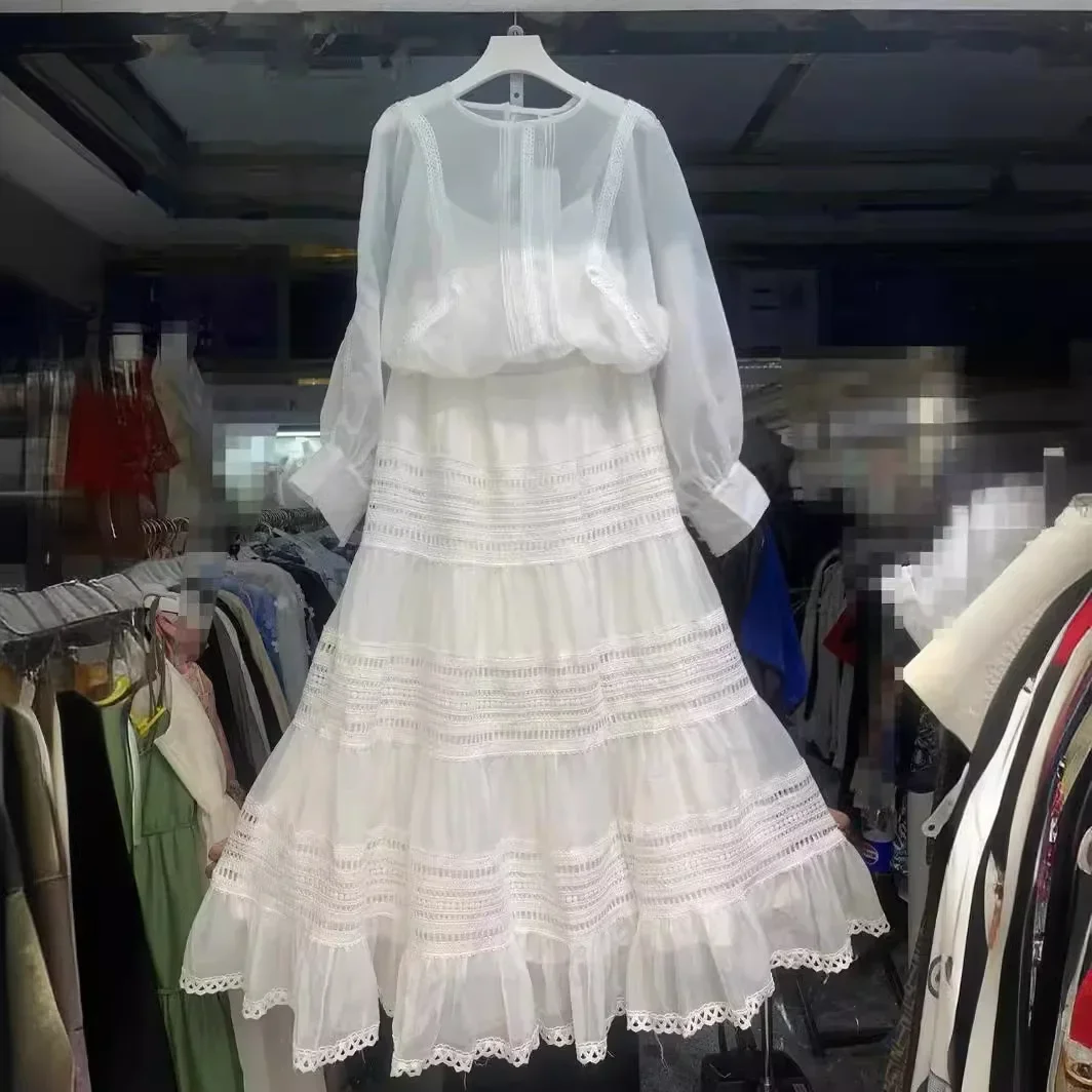 2024 New Printed Round Neck Lantern Sleeve Top+lace Patchwork A-line Large Hem Skirt Set Two Piece Sets  Women's Clothing Dress