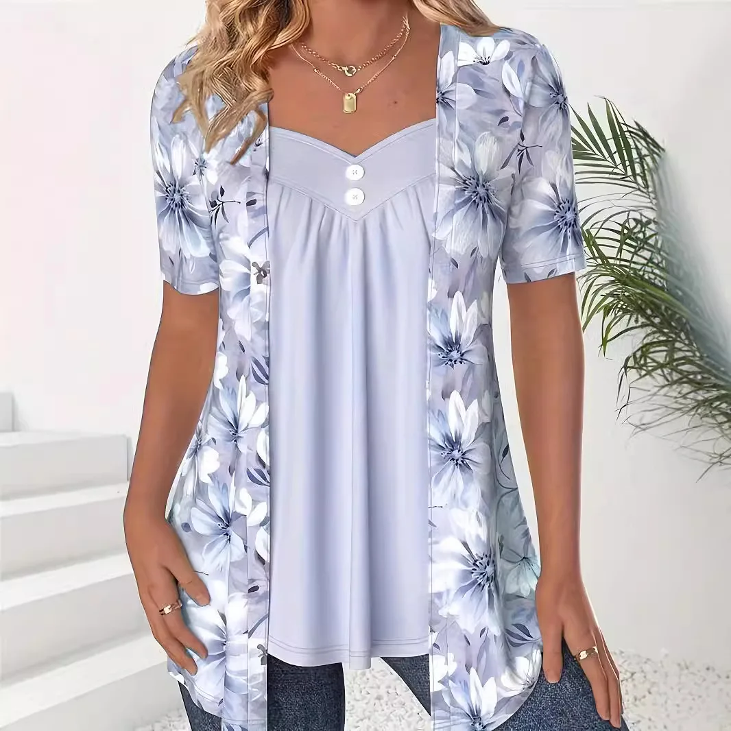 Large Sizes Women T Shirts Summer Fashion Casual Fake Two Piece Short Sleeve Loose Flower Print Patchwork Shirts Plus Size Tops 1