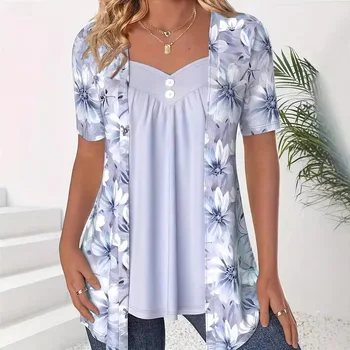 Large Sizes Women T Shirts Summer Fashion Casual Fake Two Piece Short Sleeve Loose Flower Print Patchwork Shirts Plus Size Tops 1