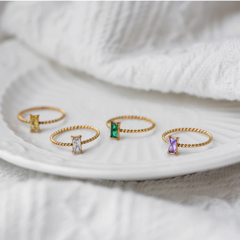 New Ladies Delicate Colorful Purple Green Yellow Cubic Zirconia Square Rings For Women Stainless Steel Braid Ring Jewelry Gift 6