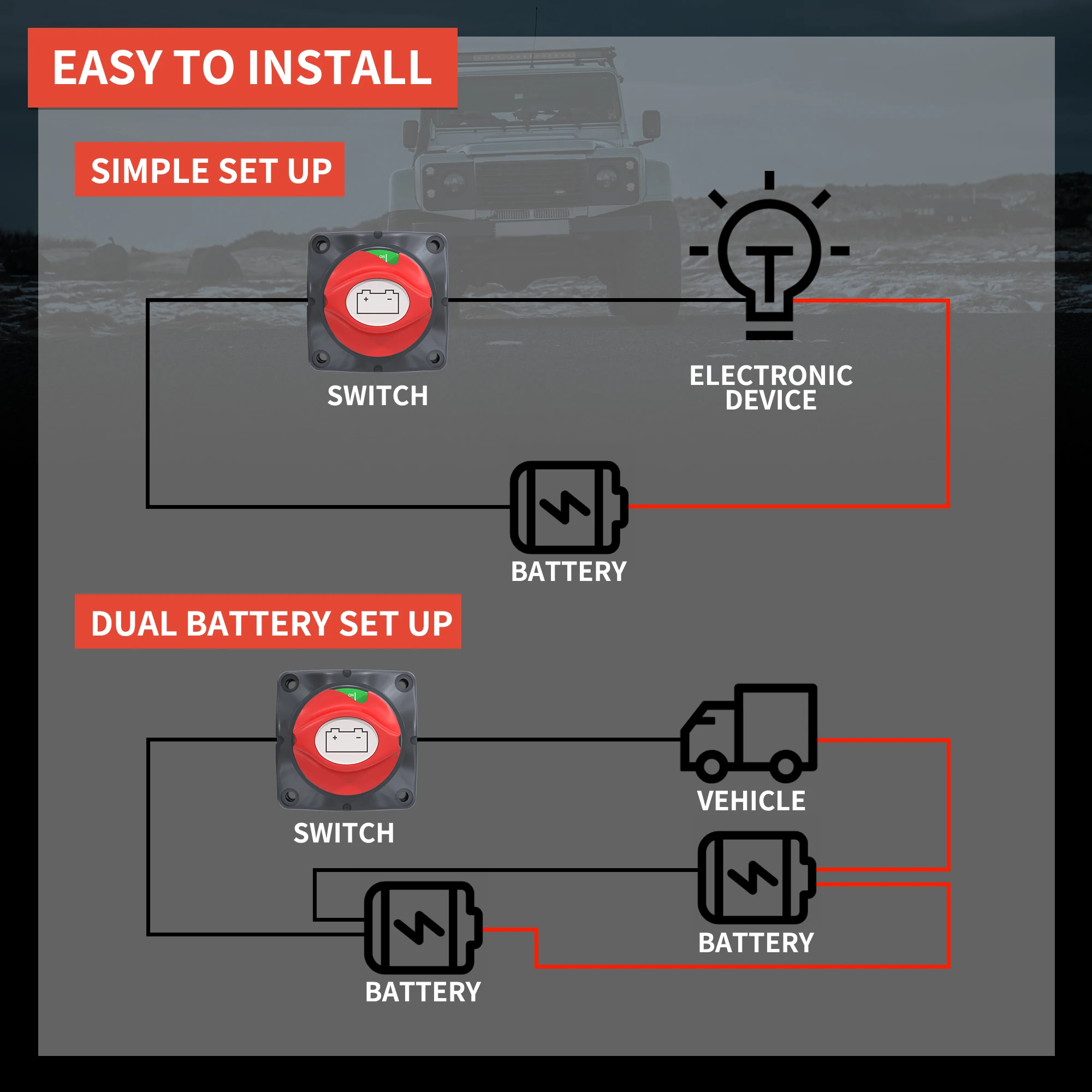 Battery Disconnect Switch DaierTek Car Battery Disconnect Switch 48V 24V 12V Cut Off 2 Position 2 Pin M10 275A Battery Connection Switch for Marine Boat