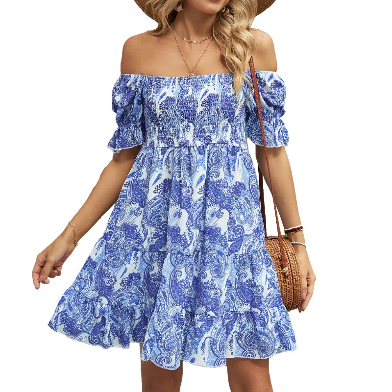 

Summer Smocking Mini Dress Women Pleated Sexy Square Neck Open Back Printed Chiffon Ruffle Edge Short Sleeve Boho Dress Vestido