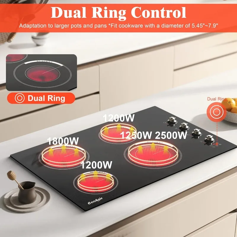 30 Inch Electric Cooktop 4 Burner Built-in Glass Ceramic Stove Top 6700W,240V Electric Cooktop Touch and Knob Control,Child Lock