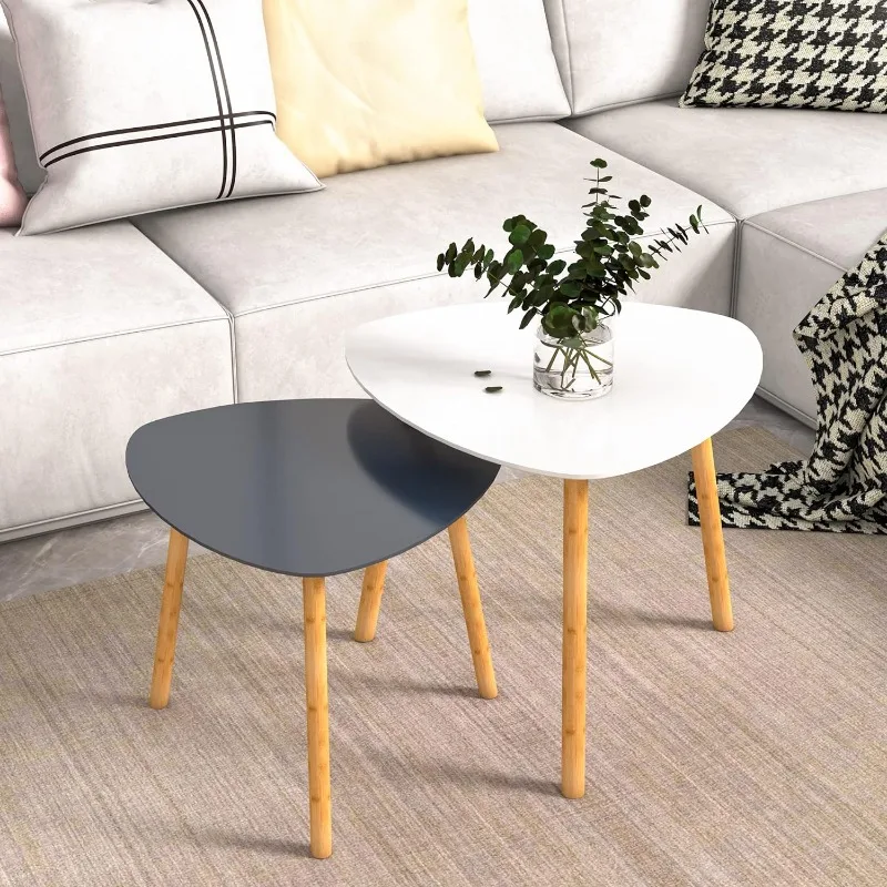 Bamboo Nesting Coffee Tables-Small Coffee Table for Living Room, Set of 2 Triangle End Table Modern Side