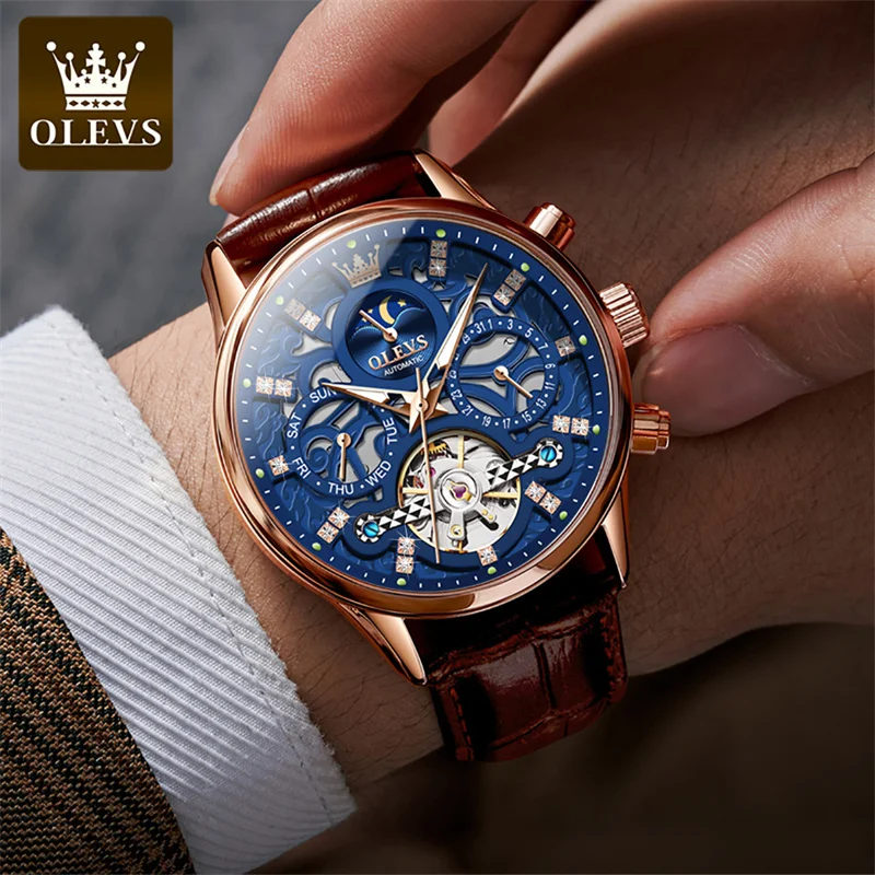 

OLEVS Luxury Brand Business Automatic Mechanical Watch Men Moon Phase Luminous Waterproof Skeleton Tourbillon Watches Reloj