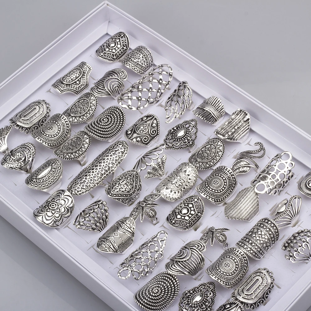 Vintage Punk Hollow Rings for Women Carved Silvery Flower Leaf Finger Ring Wedding Band Jewelry Gift 20Pcs/Lot
