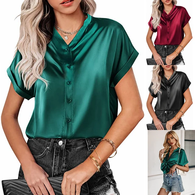 2023 Summer Loose Silk Blouse Women Solid Short Sleeve Satin