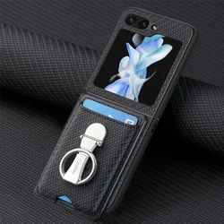 Compact Ring Card Holder Wallet Flip Phone Case - Premium PU Leather Cover - Galaxy Z Flip 3 (Black)