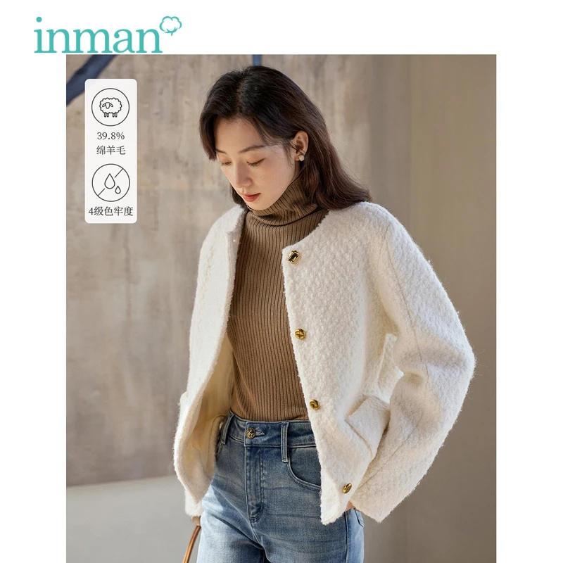 INMAN Women Wool Coat 2023 Winter Long Sleeve Round Neck Loose Thick Jacket Buttons Design Elegant Apricot Brown Outwear