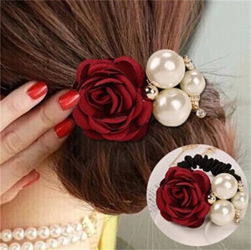 1PC Fashion Style Big Rose Flower Hair Bands Pearl Rhinestone Elastic Hair Rope For Women Girls Rubber Ring Hair Accessories