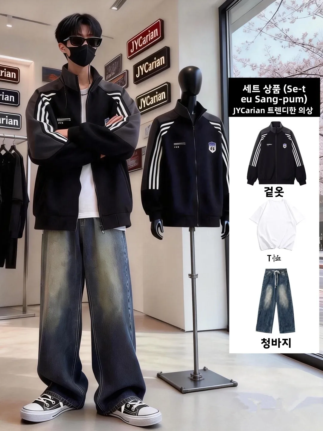 봄 가을 체크무늬 스플라이싱 재킷 야구 유니폼 청바지 세트 남아 패셔너블 캐주얼 스포츠웨어 십대 청소년용