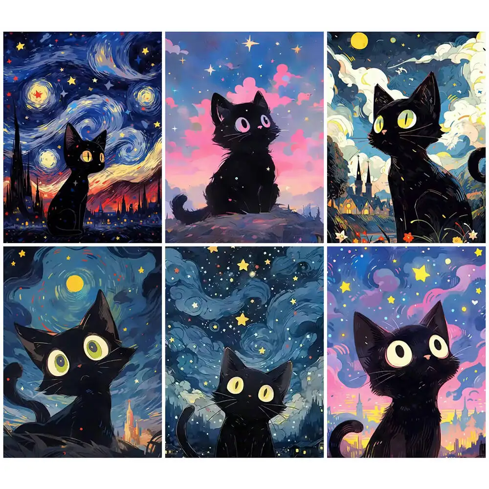 Diamond Painting EverShine DIY 5D Diamond Painting Cat Night Sky Full Round Drill Embroidery Animal Mosaic Scenery Home Decoration