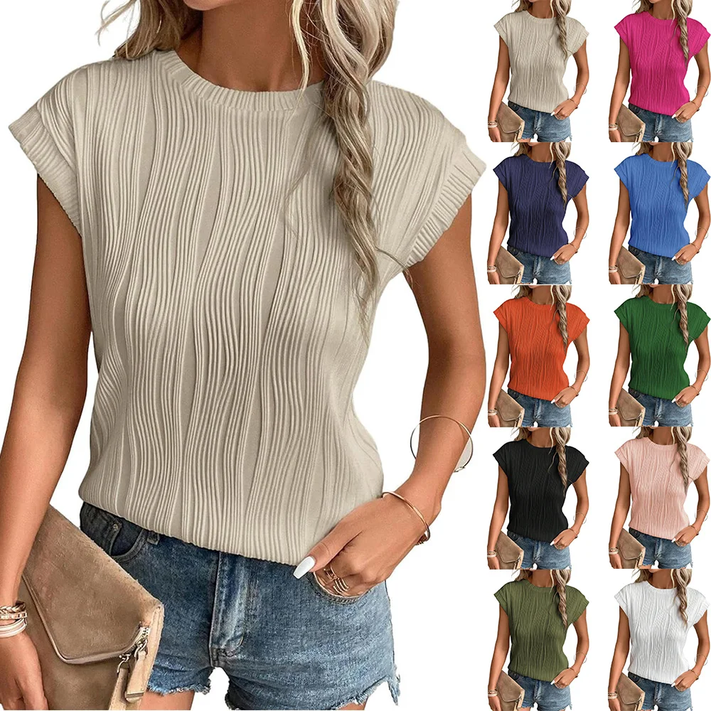 

Womens Short Sleeve Textured Tops Crewneck Knit Solid Loose Casual Basic T Shirts Tee Blouses