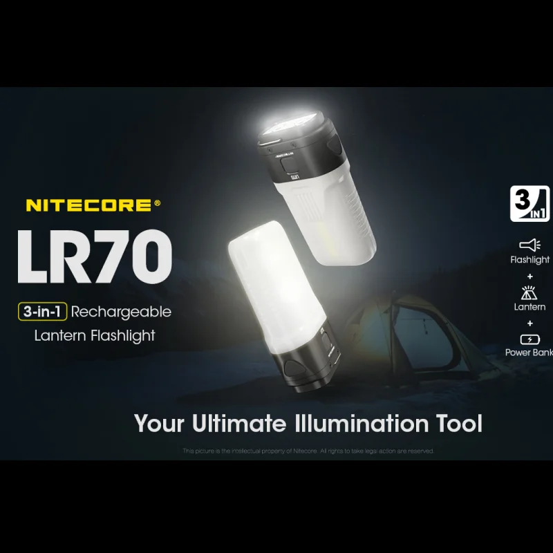 NITECORE 충전식 손전등, 보조배터리 내장 배터리, 3000 루멘, LR70