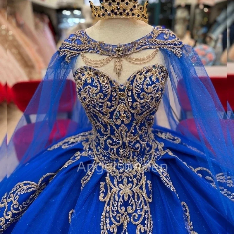 Angelsbridep Glitter Royal Blue Ball Gown Sweet 16 Quinceanera Dress With Cape Party Dresses