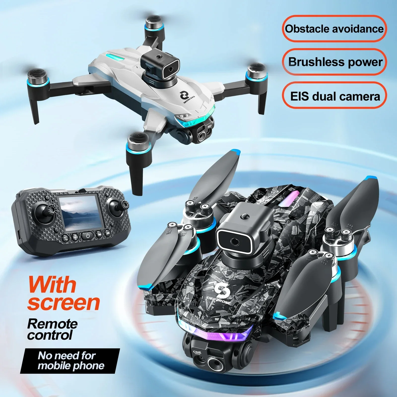 Drone Profissional com Câmera HD, 2 Baterias, Preto/Branco
