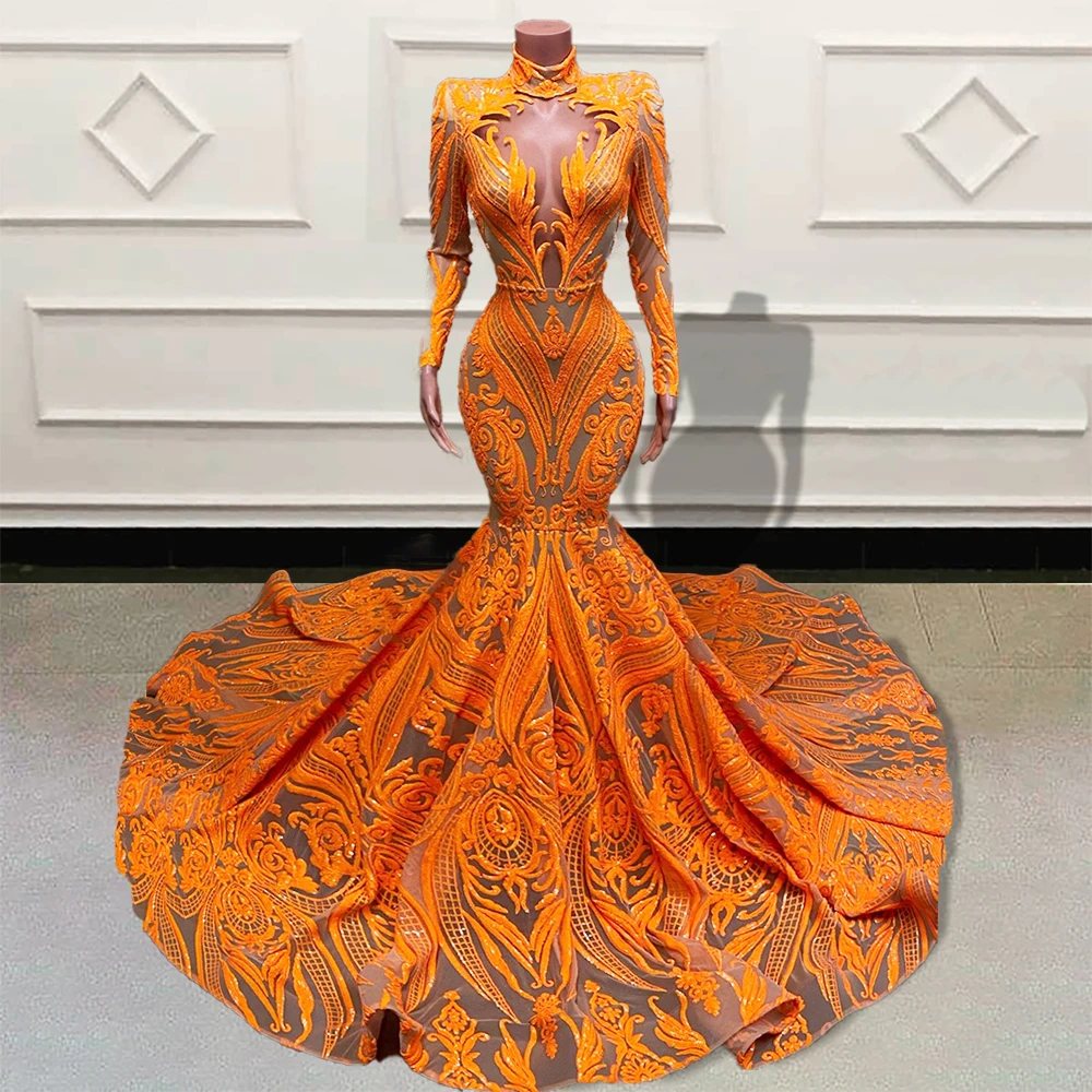 

Sparkly Sequin Lace Long Mermaid Prom Dresses 2023 Orange See Through Full Sleeves Women Formal Occasion Evening Gowns Custom