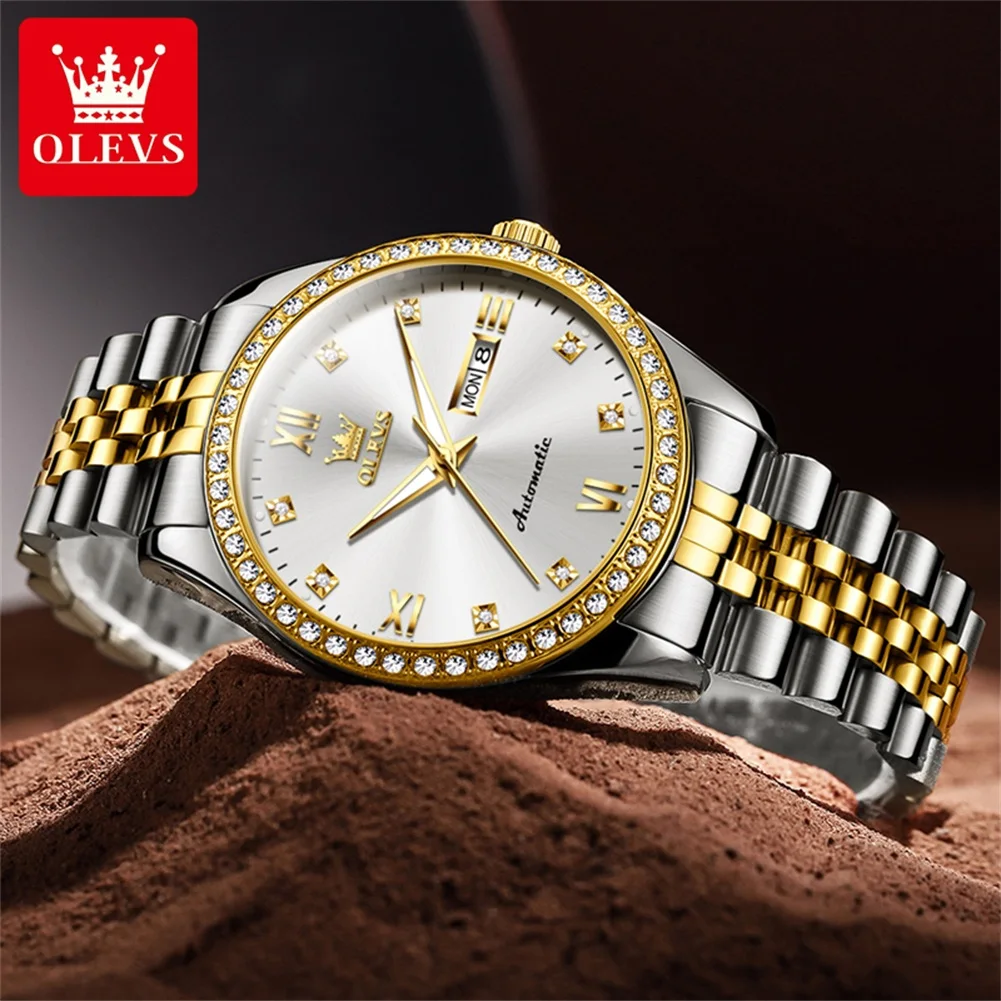 OLEVS Mens Watches Top Brand Luxury Diamond Mechanical Watch Men Stainless Steel Waterproof Luminous Hands Fashion Wristwatch