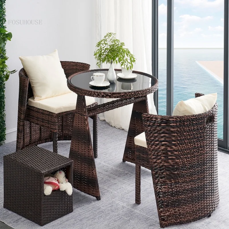 Rattan Balcony Garden Furniture Sets Modern Simple Outdoor Courtyard Back Chair Small Apartment Homestay Leisure Coffee Table