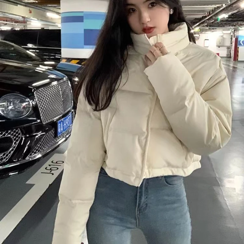 Cropped Parkas Women Winter Thicken Baggy Stand Collar Pure Minimalist Clothes Korean Fashion Students Warm Cozy Zip-Up Vintage