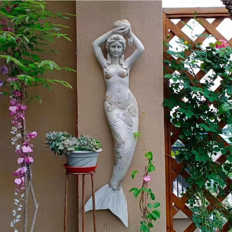 

European Retro Cement Mermaid Wall Hanging Crafts Courtyard Villa Outdoor Garden Figurines Pendant Layout Landscape Decoration