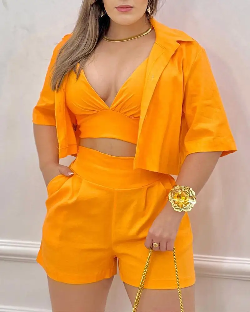 

2023 Spring New Women's Casual Solid Color Shorts Set, Sexy Undershirt Shorts Casual Three Pieces Set Female