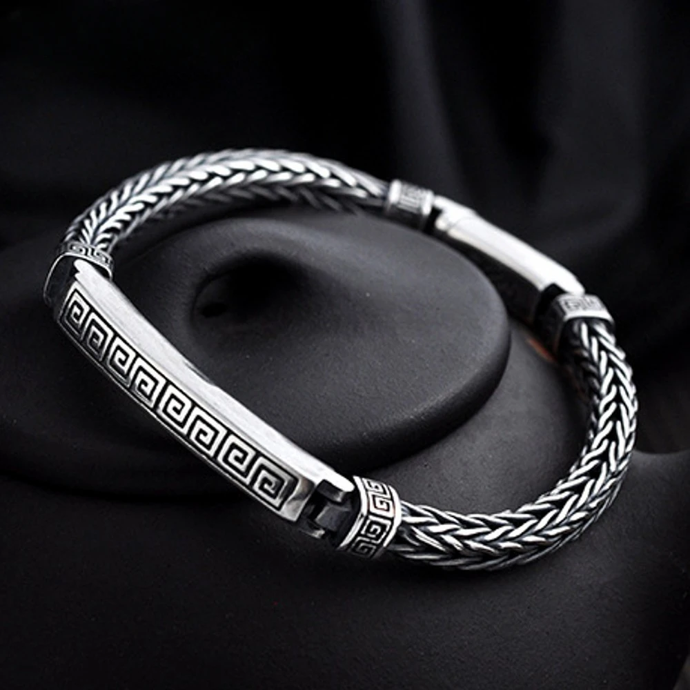 

Mencheese New Real S925 Pure Silver Revolve Pattern Hand-Woven 5MM Bracelet Good Luck Stylish Thai Bracelet for Men and Women