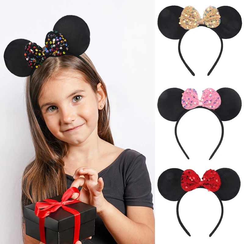 4'' Sparkling Sequin Bow Minnie Mouse Headband Girls Birthday Party Decoration Kids DIY Hair Accessories Disney Ears Hairband 3 pcs fashionable european and american christmas sequin decoration santa claus milu red wine package non woven wine set