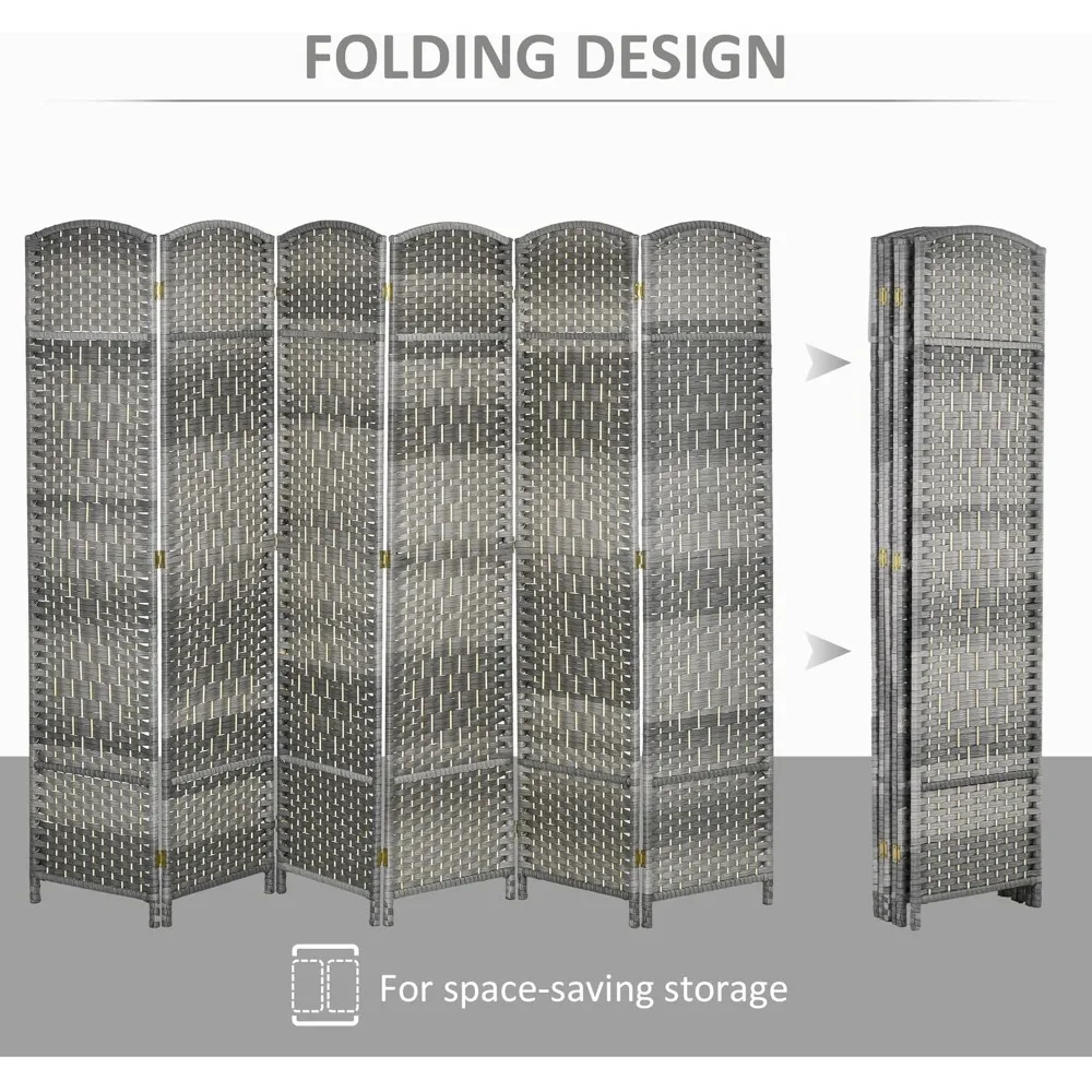 6 Panel Privacy Room Divider, 6' Tall Room Divider Hand-Woven Freestanding Wall Partition for Home Office, Bedroom, Mixed Gray 5
