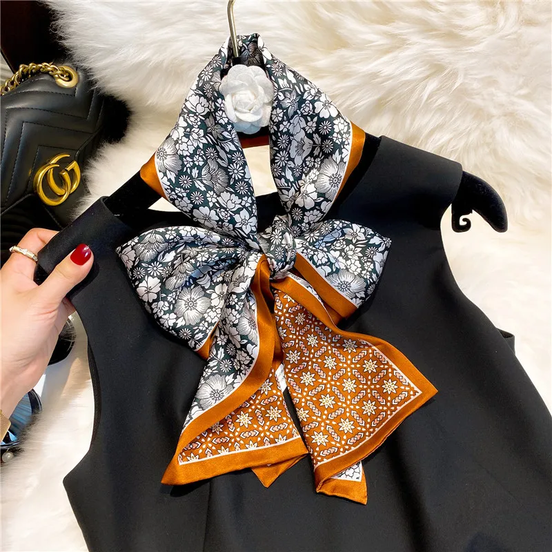 

100% Mulberry Silk Scarf Shawls For Women Double-sided Different Colors Different Printing Flowers Women Narrow Long Scarves