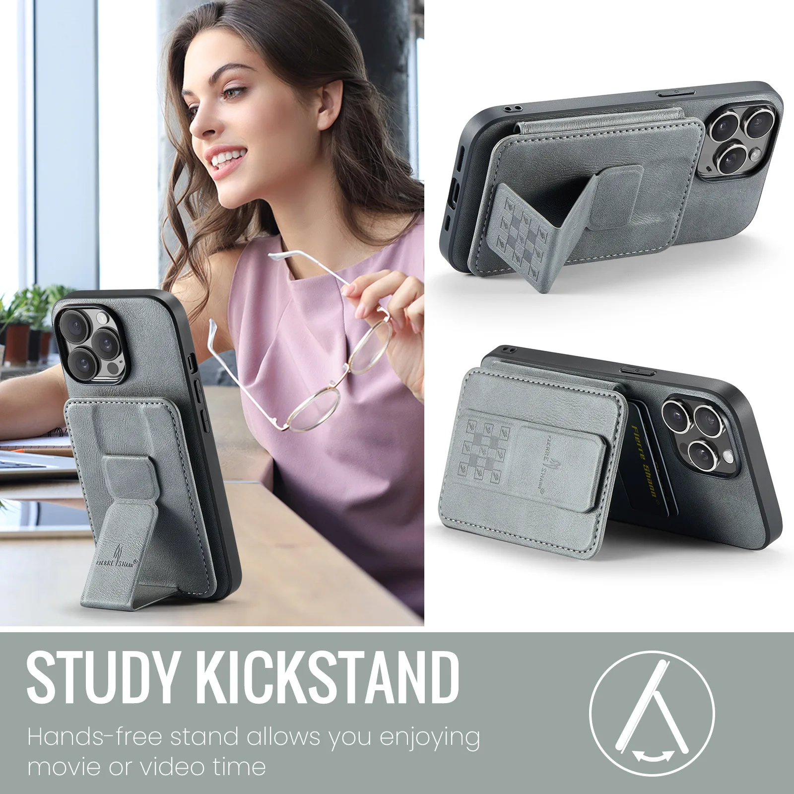 Leather Wallet Card Holder Case with Foldable Hand Band & Magnetic Ring Stand