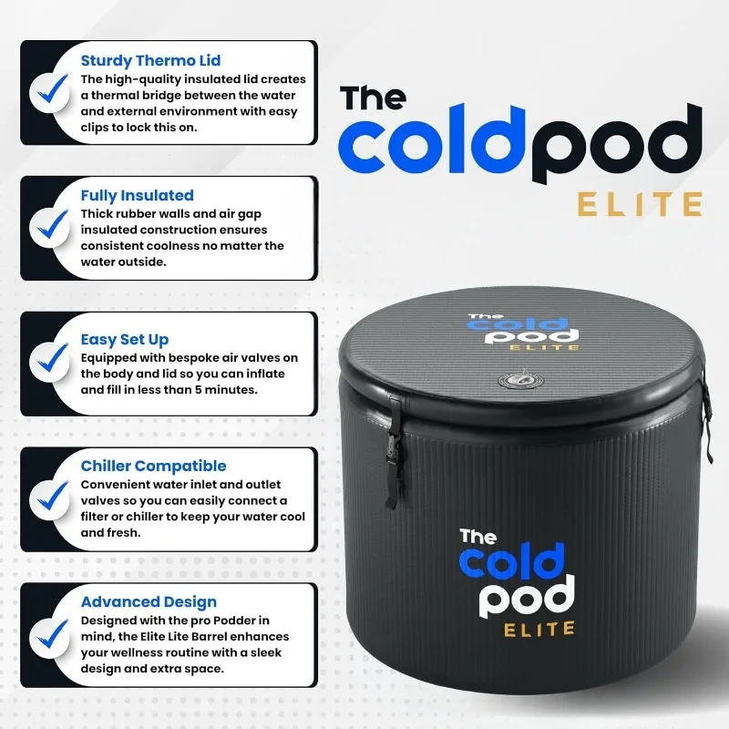 The Cold Pod Ice Bath Tub Elite Lite: XL Cold Plunge Tub 120 Gallon with Rigid Inflatable Walls and Lid for Athletes, Compatible 5