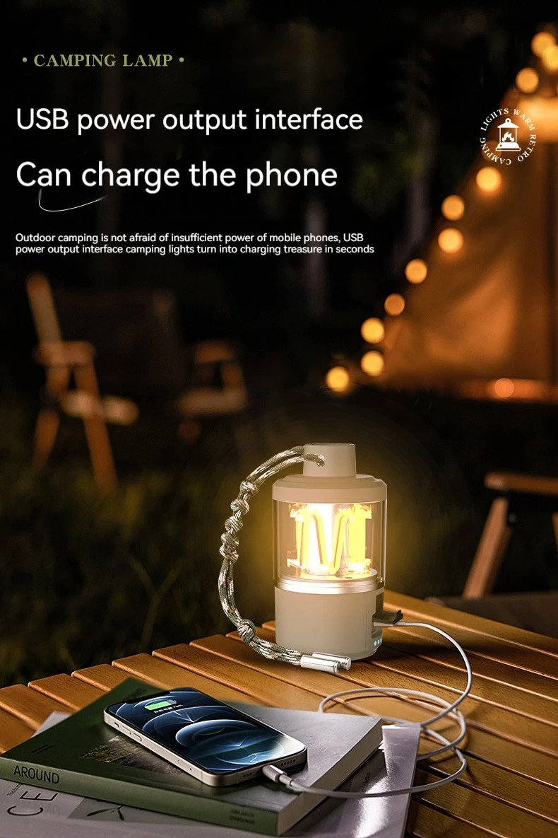 Portable COB Warm Camping Lights Strong LED Lantern Flashlight Rechargeable Outdoor Emergency Fishing Tents Tungsten Lamp